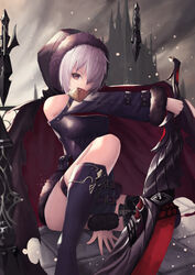  absurdres between_legs black_cape black_coat black_legwear boots brown_eyes cape clothing_cutout cloud cloudy_sky coat commentary_request female fur-trimmed_coat fur_trim hair_over_one_eye hand_between_legs highres holding holding_sword holding_weapon hood hood_up knee_boots long_sleeves looking_at_viewer nekobell outdoors photoshop_(medium) shadowverse short_hair shoulder_cutout sky solo sword weapon white_hair wizardess_of_oz 