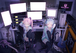  2girls animal_ears black_bra black_legwear blue_eyes blue_hair blush bra breasts can candy cat_ears cat_tail chair christ_signboard cleavage collarbone commentary computer computer_keyboard computer_tower copyright_name desk floppy_disk food guitar highres hoji_(hooooooooji1029) hood hoodie indoors instrument keyboard_(instrument) licking logo lollipop long_sleeves looking_at_viewer monitor multiple_girls multiple_monitors music neko_hacker night no_pants no_shoes office_chair open_clothes open_hoodie pink_hair screen_light sera_(neko_hacker) sho_(neko_hacker) sitting swivel_chair synthesizer tail thighhighs thighs underwear white_hoodie window window_blinds yellow_eyes 