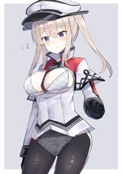  bad_id bad_pixiv_id between_breasts black_gloves black_pantyhose blonde_hair border bra breasts capelet celtic_knot checkered_bra checkered_clothes checkered_panties cowboy_shot fake_transparency female gloves graf_zeppelin_(kancolle) grey_background grey_eyes hair_between_eyes hat highres kantai_collection large_breasts meme military military_hat military_uniform necktie necktie_between_breasts no_pants nonon_(xenonbot) open_mouth panties pantyhose peaked_cap sidelocks solo standing twintails two-tone_background underwear uniform white_border 