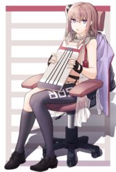  absurdres asymmetrical_legwear chair commentary_request covering_breasts covering_privates female fingerless_gloves girls&#039;_frontline gloves hachirodesu highres holding long_hair looking_at_viewer office_chair one_side_up open_clothes panties pink_hair purple_eyes shadow sitting socks st_ar-15_(girls&#039;_frontline) swivel_chair thigh_strap thighhighs underwear uneven_legwear washboard 