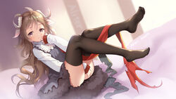  :o ahoge aliter animal_ears arknights artist_name ass between_legs blurry blurry_background blush brown_eyes brown_hair brown_thighhighs commentary_request curled_horns depth_of_field dress dutch_angle eyjafjalla_(arknights) feet female fur-trimmed_dress fur_trim grey_dress hand_between_legs hand_to_own_mouth hand_up highres horns legs_up long_hair long_sleeves looking_at_viewer no_shoes one_side_up parted_lips shirt sidelocks signature sleeveless sleeveless_dress sleeves_past_wrists solo thighhighs very_long_hair white_shirt 