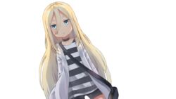  blonde_hair blue_eyes bongnom choker commentary_request female hair_between_eyes highres jacket long_hair looking_at_viewer open_clothes open_jacket rachel_gardner satsuriku_no_tenshi shirt shorts simple_background solo striped_clothes striped_shirt very_long_hair white_background white_jacket 