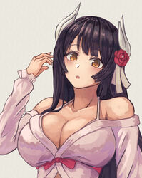  :o azur_lane bare_shoulders black_hair breasts cleavage commentary_request female flower hair_flower hair_ornament hand_up hiei_(azur_lane) hiei_(moonlit_cruise)_(azur_lane) horns large_breasts long_hair long_sleeves looking_at_viewer moppo official_alternate_costume open_mouth orange_eyes pink_flower solo straight_hair white_horns 