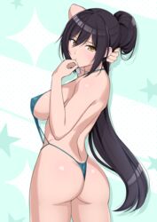  absurdres adjusting_hair ass bare_shoulders bikini black_hair blue_background blue_slingshot_swimsuit blush breasts brown_eyes closed_mouth dog_tags female from_behind hand_to_own_mouth haruhisky highres idolmaster idolmaster_shiny_colors large_breasts long_hair looking_at_viewer looking_back paid_reward patreon_reward ponytail shiny_clothes shiny_skin shirase_sakuya sideboob slingshot_swimsuit solo star_(symbol) starry_background strap_gap string_bikini swimsuit thighs thong thong_bikini twisted_torso 