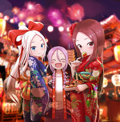  3girls :d ^_^ aerial_fireworks blue_eyes blue_kimono blurry blurry_background blush bow braid brown_eyes brown_hair brown_pants closed_eyes closed_mouth commentary_request covered_mouth creator_connection crossover depth_of_field double_v fireworks floral_print food forehead fudatsuki_kyouko fudatsuki_no_kyouko-chan hair_between_eyes hairbow hands_up head_tilt high_ponytail highres holding holding_food japanese_clothes karakai_jouzu_no_takagi-san kimono korean_commentary lantern long_hair long_sleeves low_twintails multiple_crossover multiple_girls night night_sky note2000 open_clothes open_mouth outdoors pants paper_lantern parted_bangs ponytail print_kimono purple_hair red_bow red_kimono shirt sky smile soredemo_ayumu_wa_yosetekuru summer_festival takagi-san twin_braids twintails v very_long_hair white_hair white_shirt wide_sleeves yaotome_urushi 