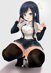  1boy admiral_(kancolle) alicemagic alternate_breast_size arm_warmers asashio_(kancolle) bad_id bad_pixiv_id black_hair black_thighhighs blue_eyes breasts female full_body giant giantess gradient_background grey_skirt hair_between_eyes hat highres kantai_collection large_breasts long_hair military military_hat military_uniform naval_uniform open_mouth panties peaked_cap pleated_skirt school_uniform shadow shirt short_sleeves skirt squatting surprised suspender_skirt suspenders sweatdrop thighhighs underwear uniform white_background white_panties white_shirt 