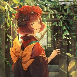  :d black_eyes black_kimono brown_hair commentary_request day dr_woodpecker fate/grand_order fate_(series) female hair_ornament hairpin highres holding holding_brush japanese_clothes katsushika_hokusai_(fate) kimono long_sleeves looking_at_viewer open_mouth outdoors short_hair smile solo upper_body 