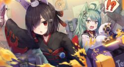  !? 2girls ^^^ akashi_(azur_lane) animal_ears azur_lane black_hair black_kimono black_sailor_collar bright_pupils cat_ears choker commentary crate diagonal_bangs dress empty_eyes fake_animal_ears fraud green_hair hair_over_one_eye half_updo holding holding_paintbrush japanese_clothes jitome kimono long_sleeves makihitsuji motion_blur multiple_girls obi obiage obijime official_art open_mouth paint paintbrush painting_(action) rabbit_ears red_choker red_eyes ribbon_choker right-over-left_kimono sailor_collar sailor_dress sash shiranui_(azur_lane) short_hair sleeves_past_fingers sleeves_past_wrists spoken_interrobang tech_box_(azur_lane) white_dress wide_sleeves 