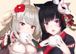  2girls absurdres animal_ear_fluff animal_ears azur_lane baozi black_hair blunt_bangs breasts bridal_gauntlets budget_sarashi cat_ears claw_pose cleavage commentary_request cotton_kanzaki dog_ears eating flower food food_in_mouth food_on_face fox_mask grey_hair hair_flower hair_ornament highres holding holding_food large_breasts long_hair looking_at_viewer mask mask_on_head multiple_girls nail_polish official_alternate_costume open_mouth purple_eyes red_eyes red_nails sarashi short_hair sidelocks slit_pupils tassel thick_eyebrows yamashiro_(azur_lane) yuudachi_(azur_lane) yuudachi_(shogun_of_snowballs)_(azur_lane) 