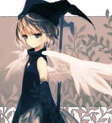  1boy absurdres bare_shoulders black_hat closed_mouth commentary_request copyright_name crossdressing detached_sleeves elona feathered_wings grey_eyes hair_between_eyes hat highres jester_cap kumiromi_of_harvest long_sleeves male_focus plant scythe short_hair skirt solo ukai_saki white_skirt white_wings wings 