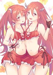  2girls bad_id bad_twitter_id bikini commentary_request cordelia_(fire_emblem) cordelia_(fire_emblem)_(cosplay) cordelia_(summer)_(fire_emblem) cosplay fingerless_gloves fire_emblem fire_emblem_awakening fire_emblem_heroes flower gloves hair_ornament long_hair matching_outfits mother_and_daughter multiple_girls navel open_mouth red_bikini red_eyes red_hair severa_(fire_emblem) swimsuit twintails unigon_(kitsutsuki) 