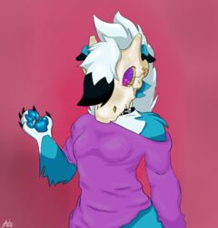  2019 anthro anthrofied blue_body blue_fur breasts canid claws clothed clothing cubone digital_media_(artwork) female fur generation_1_pokemon generation_7_pokemon hair hybrid looking_at_viewer lycanroc mammal midnight_lycanroc natanibw natanibw_(artist) nintendo pokemon pokemon_(species) pokemorph purple_eyes simple_background solo standing white_body white_fur 