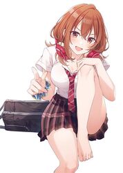  :d bare_legs barefoot blush breasts brown_eyes brown_hair commentary_request female hair_between_eyes hand_on_own_knee headphones headphones_around_neck knee_up kohinata_iroha_(imouuzai) large_breasts leaning_forward long_hair looking_at_viewer necktie official_art open_mouth plaid plaid_skirt pointing red_necktie school_uniform scrunchie shirt short_sleeves sidelocks simple_background sitting skirt smile solo tomari_(veryberry00) tomodachi_no_imouto_ga_ore_ni_dake_uzai white_background white_shirt wrist_scrunchie 