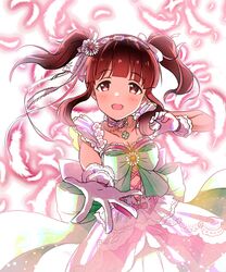  :d breasts brown_eyes brown_hair cleavage commentary_request dress female flower gloves hair_flower hair_ornament hair_ribbon hairband highres idolmaster idolmaster_cinderella_girls looking_at_viewer nanananananasea ogata_chieri open_mouth pink_dress ribbon short_hair smile solo tareme twintails upper_body white_gloves white_ribbon 