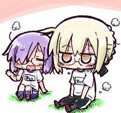  2girls artoria_pendragon_(fate) black-framed_eyewear black_ribbon black_shorts blonde_hair braid brown_eyes brown_footwear chibi closed_eyes commentary_request fanning_face fanning_self fate/grand_order fate_(series) glasses grey_legwear gym_shirt gym_shorts gym_uniform hair_between_eyes hair_over_one_eye hair_ribbon kasuga_yuuki kneehighs mash_kyrielight multiple_girls mysterious_heroine_x_alter_(fate) name_tag on_grass purple_eyes purple_legwear purple_shorts ribbon shirt shoe_soles shoes short_shorts short_sleeves shorts sidelocks sitting socks steaming_body sweat white_shirt 