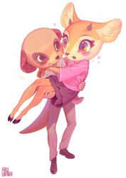  aggretsuko antelope anthro aruurara blush bovid chief_komiya clothed clothing digital_media_(artwork) duo female gazelle herpestid male male/female mammal meerkat open_mouth sanrio simple_background smile tsunoda_(aggretsuko) 