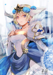  bare_shoulders blonde_hair blue_eyes blue_flower blue_hair breasts bridal_veil commentary_request crown dated detached_sleeves dress earrings feather_trim female fire_emblem fire_emblem_heroes fjorm_(bridal)_(fire_emblem) fjorm_(fire_emblem) flower gradient_hair hair_flower hair_ornament jewelry kero_sweet looking_at_viewer medium_breasts multicolored_hair short_hair signature smile solo strapless strapless_dress veil wedding_dress white_dress wind 