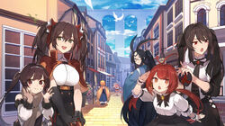  6+girls :t ^^^ animal_ears antenna_hair architecture asymmetrical_gloves azur_lane bird black_gloves black_hair blue_sky blush_stickers box breasts brick_floor brown_eyes brown_hair chestnut_mouth commentary_request day eldridge_(azur_lane) food food_on_face gift gift_box glasses gloves haruna_(azur_lane) inxst jersey_(azur_lane) large_breasts long_hair low_twintails multiple_girls official_art outdoors photoshop_(medium) ping_hai_(azur_lane) rabbit_ears red_eyes red_hair ryuujou_(azur_lane) scarf sky small_breasts souryuu_(azur_lane) twintails uneven_gloves very_long_hair wrist_cuffs york_(azur_lane) 