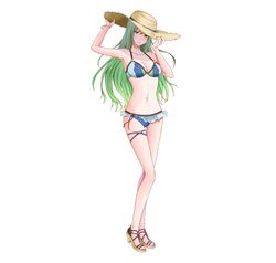  aplche bikini bracelet breasts cleavage closed_mouth commentary_request female fire_emblem fire_emblem:_path_of_radiance full_body green_eyes green_hair hands_on_headwear hat high_heels highres jewelry long_hair navel nephenee_(fire_emblem) sandals simple_background solo sun_hat swimsuit thigh_strap white_background 