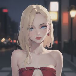  1girls ai_generated bare_shoulders blonde_hair blue_eyes earrings female looking_at_viewer mature mature_female mature_woman milf red_dress red_lipstick seductive seductive_look small_breasts stable_diffusion 