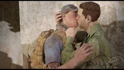  2boys 3d 3d_model bromance brown_eyes brown_hair enemies_to_lovers friendship gay gay_kissing house_of_ashes jason_kolchek light-skinned_male light_skin looking_up_at_partner male male/male male_focus male_pov namco namco_bandai nightin_galez salim_othman soldiers supermassive_games tan-skinned_male tan_skin the_dark_pictures_anthology yaoi 