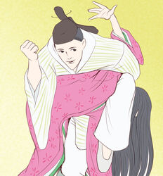  1boy black_hair commentary female japanese_clothes kaguya-hime_no_monogatari kaguya_hime kimono long_hair mikado_(kaguya-hime_no_monogatari) mitarashi_dingo octopus_hold photoshop_(medium) studio_ghibli 