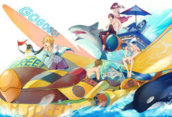  2girls 5boys absurdres amakata_miho beach_umbrella bikini bird blonde_hair blue_eyes blue_hair brown_hair canoe chair commentary_request cpieng free! hazuki_nagisa highres iwatobi-chan long_hair lounge_chair matsuoka_gou matsuoka_rin multiple_boys multiple_girls nanase_haruka_(free!) one-piece_swimsuit open_mouth penguin ponytail red_eyes red_hair ryuugazaki_rei shark short_hair smile swimsuit tachibana_makoto umbrella water 