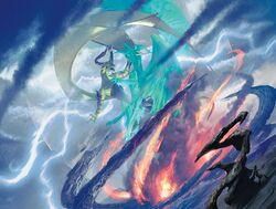  dragon duo electricity feathered_wings feathers fight hasbro horn lightning magic:_the_gathering membrane_(anatomy) membranous_wings michael_komarck mythological_creature mythological_scalie mythology nicol_bolas official_art planeswalker scalie storm ugin wings wizards_of_the_coast 