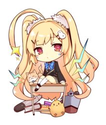  absurdly_long_hair ahoge azur_lane black_footwear black_jacket blonde_hair blue_bow blue_bowtie book bow bowtie chibi closed_mouth commentary_request desk eldridge_(azur_lane) eldridge_(the_inquisitive_recluse)_(azur_lane) electricity feline female grey_skirt hair_ornament hairclip huge_ahoge jacket kedama_milk long_hair long_sleeves looking_at_viewer official_alternate_costume on_desk red_eyes school_desk school_uniform shoes sitting skirt socks solo torpedo transparent_background twintails very_long_hair white_socks 