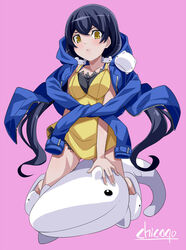  angry artist_name bandai black_hair blush breasts character_request chicago-x digimon digimon_story:_cyber_sleuth_hacker&#039;s_memory female female long_hair long_twintails looking_at_viewer medium_breasts shiny_skin solo twintails yellow_eyes 