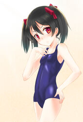  absurdres black_hair blush bow commentary female hairbow highres looking_at_viewer love_live! love_live!_school_idol_project one-piece_swimsuit photoshop_(medium) red_eyes school_swimsuit shitou_(1992116210) solo swimsuit twintails yazawa_nico 