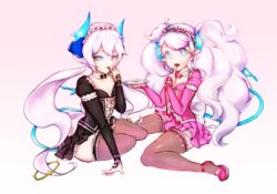  artist_request blue_eyes chiliarch_(elsword) elsword female full_body gradient gradient_background horns luciela_r._sourcream multiple_girls noblesse_(elsword) tail thighhighs white_hair 