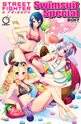  2017 3girls ;q aki_lee anklet antenna_hair apple ass ayuhara_natsu barefoot bat_wings between_breasts bikini blonde_hair blue_hair bracelet breasts capcom cleavage company_connection cover cover_page crossover demon_girl eyewear_on_head flat_chest flower food fruit full_body hair_flower hair_ornament hairclip hand_on_own_hip head_wings jewelry justice_gakuen kanzuki_karin lilith_aensland lying medium_breasts midriff mini_person minigirl multiple_crossover multiple_girls navel necklace one_eye_closed oversized_object pendant photoshop_(medium) purple_hair ringlets sarong shiny_skin shiritsu_justice_gakuen short_hair sitting strawberry street_fighter sunglasses swimsuit toes tongue tongue_out udon_entertainment vampire_(game) wings 