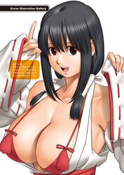  action_pizazz bare_shoulders black_eyes black_hair breasts cleavage female fingernails highres japanese_clothes large_breasts long_hair looking_at_viewer medium_hair open_mouth saigado sidelocks simple_background sleeveless smile solo translation_request upper_body white_background wide_sleeves 