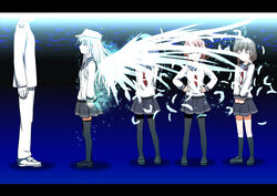  1boy 4girls admiral_(kancolle) akatsuki_(kancolle) black_hair brown_hair closed_eyes commentary_request feathers gloves glowing grey_hair hair_ornament hair_up hairclip hat hibiki_(kancolle) ikazuchi_(kancolle) inazuma_(kancolle) kantai_collection letterboxed light long_hair military military_uniform multiple_girls pantyhose photoshop_(medium) school_uniform serafuku short_hair smile sumeragi_seisuke uniform wings 