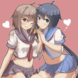  barefoot blue_skirt blush brown_eyes closed_mouth duo female furutaka_(kantai_collection) green_eyes grey_skirt hair_ornament hairclip hamakaze_(kantai_collection) heart kako_(kantai_collection) kantai_collection long_hair looking_at_viewer midriff multiple_girls namae_hamada navel one_eye_closed open_mouth school_uniform serafuku short_sleeves simple_background skirt smile wink 