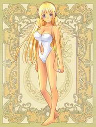  barefoot blonde_hair clothing_cutout commentary_request digital_media_player female headphones long_hair navel_cutout one-piece_swimsuit psychic_hearts purple_eyes rococo_movement solo swimsuit tan yoshino_run 