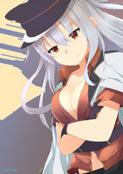  black_gloves breasts brown_eyes cannon cleavage collarbone commentary crossed_arms female gangut_(kancolle) gloves grey_hair hat highres jacket jacket_on_shoulders kantai_collection long_hair looking_at_viewer medium_breasts midriff myuto_(advent_retribution) open_clothes open_shirt peaked_cap shirt short_sleeves smile solo turret twitter_username upper_body white_jacket 