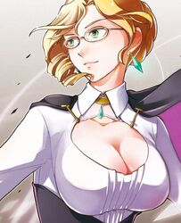  bad_id bad_twitter_id blonde_hair breasts cape earrings female glasses glynda_goodwitch green_eyes jewelry large_breasts light_smile md5_mismatch nishiura_some rwby smile solo 