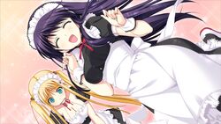  2girls arihara_nodoka blonde_hair closed_eyes game_cg green_eyes kagami_inori maid multiple_girls narumi_suzune purple_hair tojita_sekai_no_tori_colony twintails 