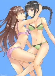  2girls arched_back ass black_hair blue_background bra braid breasts brown_eyes brown_hair eye_contact green_bra green_panties head_hold isshiki_(ffmania7) jpeg_artifacts kantai_collection kitakami_(kancolle) leg_between_thighs leg_up long_hair looking_at_another medium_breasts multiple_girls navel ooi_(kancolle) panties pink_bra pink_panties purple_eyes sideboob simple_background single_braid small_breasts smile twitter_username underwear underwear_only yuri 