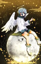  androgynous angel bad_id bad_pixiv_id baggy_clothes blue_eyes blue_hair cloud dolphin feathered_wings fish full_body gender_request glowing halo highres long_sleeves looking_at_viewer moon on_mini_planet on_moon original pale_skin poncho shoes short_hair shorts signature sitting smile solo sparkle whale wings yuuo0 