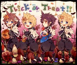  4boys alternate_costume bad_id bad_pixiv_id bat_(animal) black_hair blonde_hair blue_eyes bow brown_hair candy commentary_request cosplay cross flood_(kingdom_hearts) food gloves halloween jack-o&#039;-lantern kingdom_hearts lollipop looking_at_viewer male_focus mask multiple_boys oerba_yun_fang official_alternate_costume open_mouth pinko_(inazume-panko) pumpkin roxas smile sora_(halloween_town)_(kingdom_hearts) sora_(halloween_town)_(kingdom_hearts)_(cosplay) sora_(kingdom_hearts) spiked_hair spoilers standing trick_or_treat unversed v vanitas_(kingdom_hearts) ventus_(kingdom_hearts) wings 