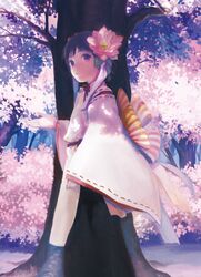  absurdres bad_id bad_pixiv_id bow cherry_blossoms female flower hair_flower hair_ornament highres japanese_clothes large_bow miko obi original profile purple_eyes purple_hair sash short_hair solo spring_(season) sunlight tree zipperradio 