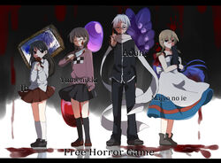  1boy 3girls ao_oni black_cat black_eyes black_skirt blonde_hair blood blood_on_face blood_on_knife blue_hair boots bow braid brown_hair collarbone commentary_request copyright_name crossover dress ellen_(majo_no_ie) english_text feline fingernails flower garry_(ib) genre_connection glasses green_eyes hairbow handprint hands highres hiroshi_(ao_oni) holding ib_(ib) ib_(kouri) jewelry knife lighter lolicon long_hair looking_at_another looking_at_viewer madotsuki majo_no_ie multiple_crossover multiple_girls painting_(object) pants pink_shirt red_bow red_eyes red_flower red_rose red_skirt rose scarf shadow shirt shoes short_hair sidelocks skirt souen_senri sweat twintails viola_(majo_no_ie) weapon white_hair yume_nikki 