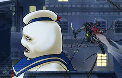  1boy commentary crossover donald_duck_sailor_hat ghostbusters ghostbusters_uniform michael_mayne parody photoshop_(medium) proton_pack raymond_stantz shingeki_no_kyojin stay_puft three-dimensional_maneuver_gear 