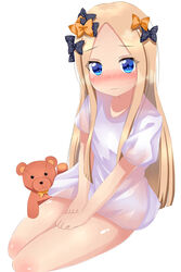  abigail_williams_(fate/grand_order) absurdres blonde_hair blue_bow blue_eyes blush bow closed_mouth embarrassed eyebrows_visible_through_hair fate/grand_order fate_(series) female female flat_chest hairbow have_to_pee highres legs_together long_hair looking_at_viewer mikuru.beam nose_blush orange_bow oversized_clothes oversized_shirt see-through shiny shiny_skin shirt simple_background sitting solo stuffed_bear wavy_mouth white_background white_shirt 