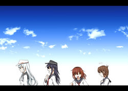  4girls akatsuki_(kancolle) brown_eyes brown_hair closed_eyes cloud commentary_request folded_ponytail grey_hair hair_up hammer_and_sickle hat hibiki_(kancolle) ikazuchi_(kancolle) inazuma_(kancolle) kantai_collection letterboxed long_hair multiple_girls one_eye_closed open_mouth photoshop_(medium) school_uniform serafuku short_hair sky smile star_(symbol) sumeragi_seisuke verniy_(kancolle) 