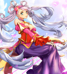  alternate_costume blue_eyes breasts chinese_commentary cleavage commentary_request detached_sleeves dress female frilled_sleeves frills gloves grey_hair hair_ornament hair_rings hairband heart heart_hair_ornament highres large_breasts league_of_legends long_dress long_hair looking_at_viewer nal_(nal&#039;s_pudding) photoshop_(medium) sitting solo sona_(league_of_legends) sweetheart_sona twintails very_long_hair white_gloves 