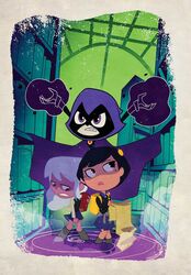  3girls backpack black_hair book chibi cloak dark_skin dc_comics gotham_academy library map maps_mizoguchi multiple_girls olive_silverlock purple_eyes raven_(dc) red_eyes school_uniform short_hair silver_hair teen_titans 